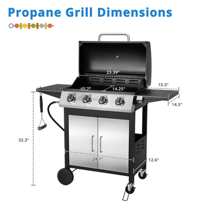 SEGMART 4 Burner BBQ Propane Gas Grill, Stainless Steel 40,000 BTU Patio Garden Barbecue Grill with Two Shelves, Doors & Thermometer, Perfect for Camping, Outdoor Cooking