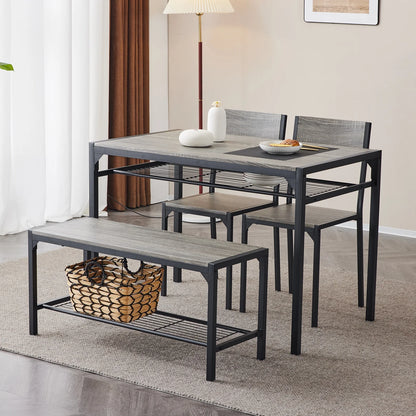Dining Table Set, 4 Piece Dining Room Table Set for Small Spaces, Kitchen Table with 2 PU Leather Upholstered Chairs and a Long Bench, Space-Saving Table Set for Kitchen, Dining Room, Restaurant