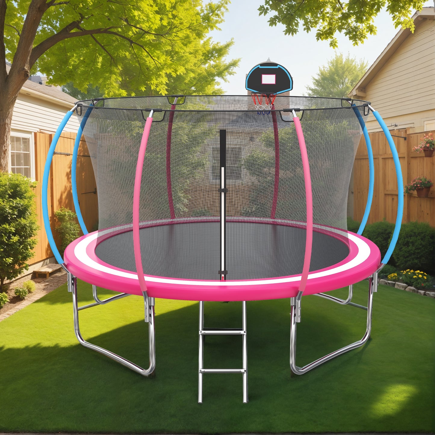 12ft Trampoline with Safety Enclosure, SEGMART Upgrade Outdoor Trampoline with Basketball Hoop, Heavy Duty Back Yard Trampoline with Ladder for Kids and Adults, Pink