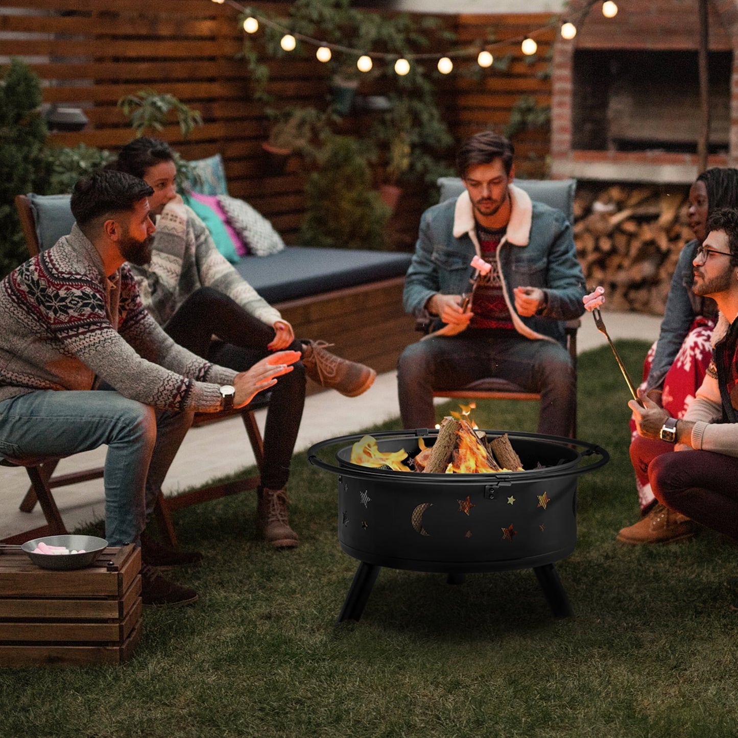 22" Graden Fire Pit for Patio, HexShaped Steel Fire Pit with Flame-Retardant Lid, Outdoor Metal Fire Pit with Poker, Multifunctional Heater/Grill/Ice Pit for Backyard Patio Garden BBQ Grill, S8015