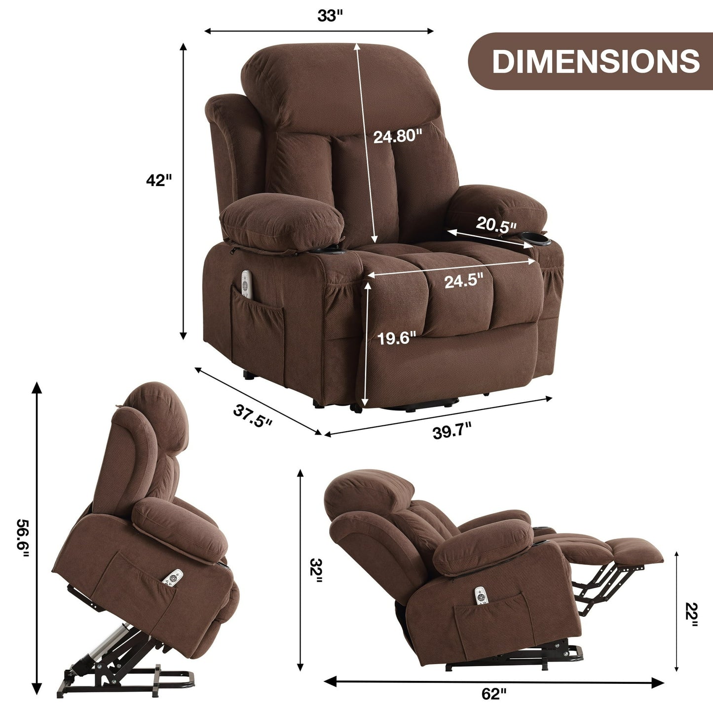 Home Recliner Chair with Remote Control for Living Room, Single Velvet Ergonomic Recliner Chair with Cup Holders, for Home Theater Seating Living Room Lounge Chaise, Brown