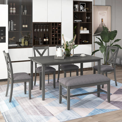 Kitchen Table and Chairs for 6, Rustic Style Dining Table Set, 6 PCS Wood Frame & MDF Surface Kitchen Furniture Set for Home Coffee Shop Apartment, Dining Chairs Seat with Bench