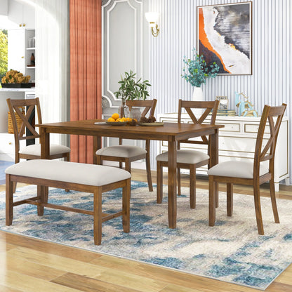 SEGMART Wood Dining Table and Chair Set of 6, Dining Room Set for 6 Persons with Bench, Rectangular Kitchen Table with 4 Microfiber Padded Chair Plus One Upholstered Bench, Farmhouse Kitchen Table Set