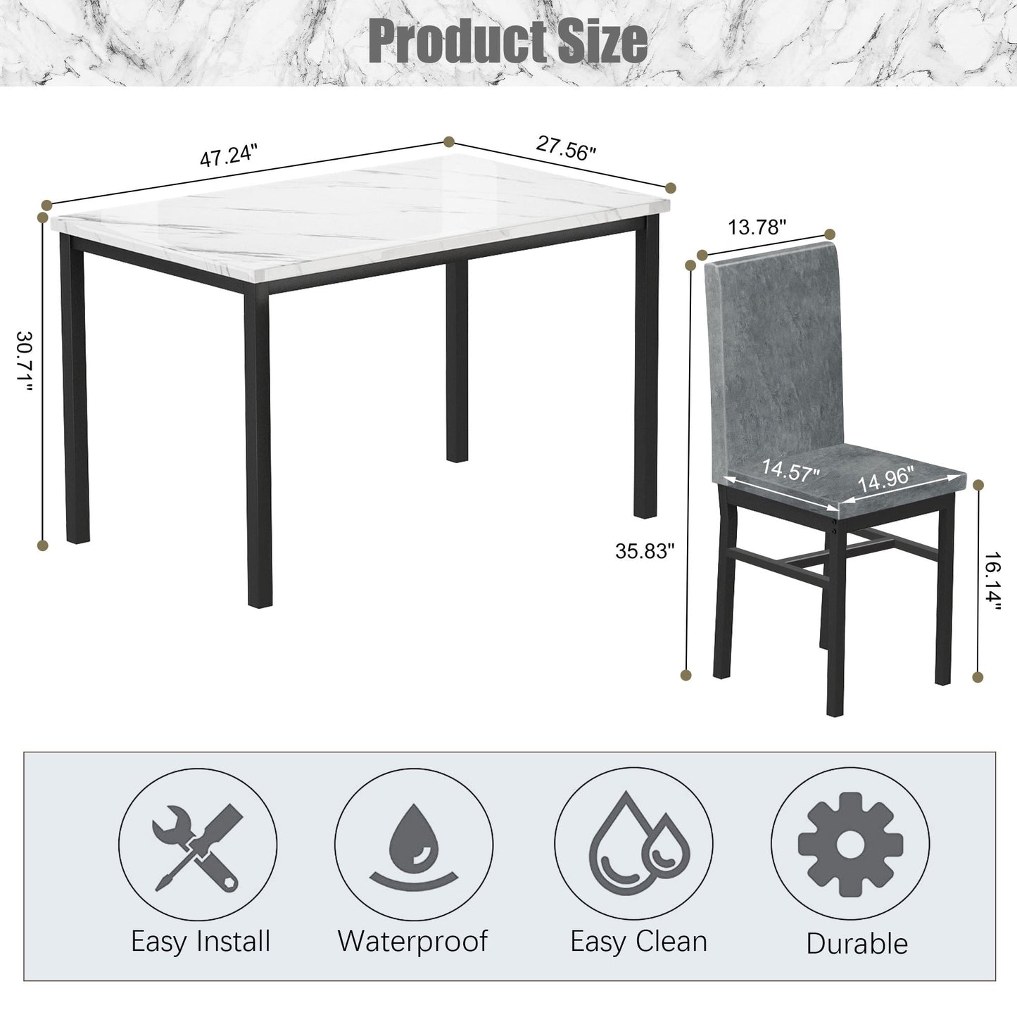 Kitchen Table and 4 Chairs Set, Metal Kitchen Table Sets Faux Marble Rectangular Breakfast Table w/Metal Legs & Black Finish Frame, Dining Table Sets for an Apartment Breakfast, Grey, SS1318