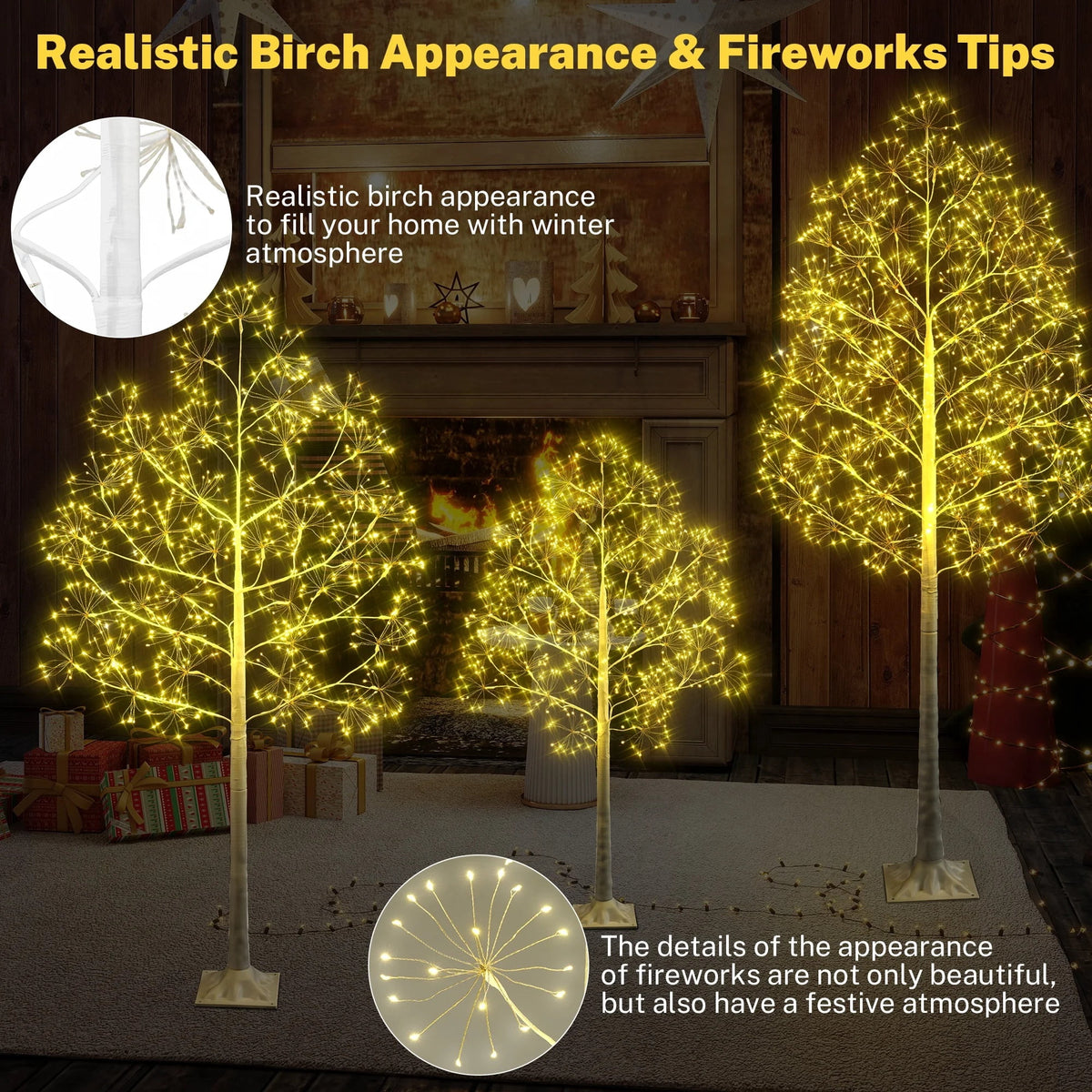 White Christmas Trees, SEGMART 6ft+5ft+4ft White Birch Christmas Tree with Warm Yellow LED Lights & PVC Stand, for Christmas Holiday Party Decorations Tree Plugin, Warm Yellow, S9980