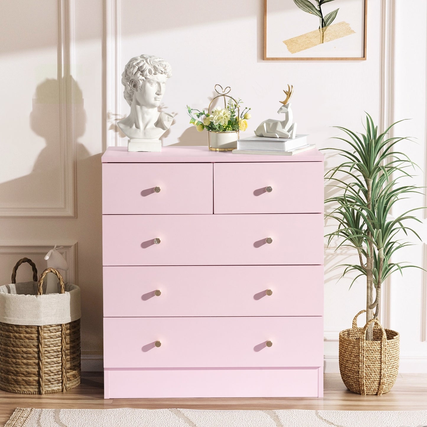 Modern Pink 5-Drawer Nightstand Dresser, Space-Saving Storage Cabinet for Bedroom, Living Room, Home Office, 25.98" x 13" x 22.64"