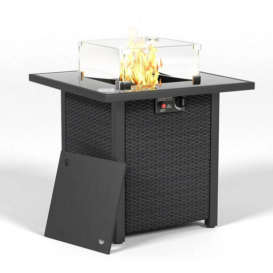 28 Inch Propane Fire Pit Table, Rattan, Wicker-Look, 50000 BTU Gas Firepits Tempered Glass Tabletop with Glass Windscreen Protector for Outside Patio and Garden, Coffee