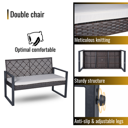 Outdoo Furniture Set, 4 Pieces Wicker Porch Conversation Set w/Cushions, All-weather Hollow Rattan Patio Sectional Sofa Set with Table