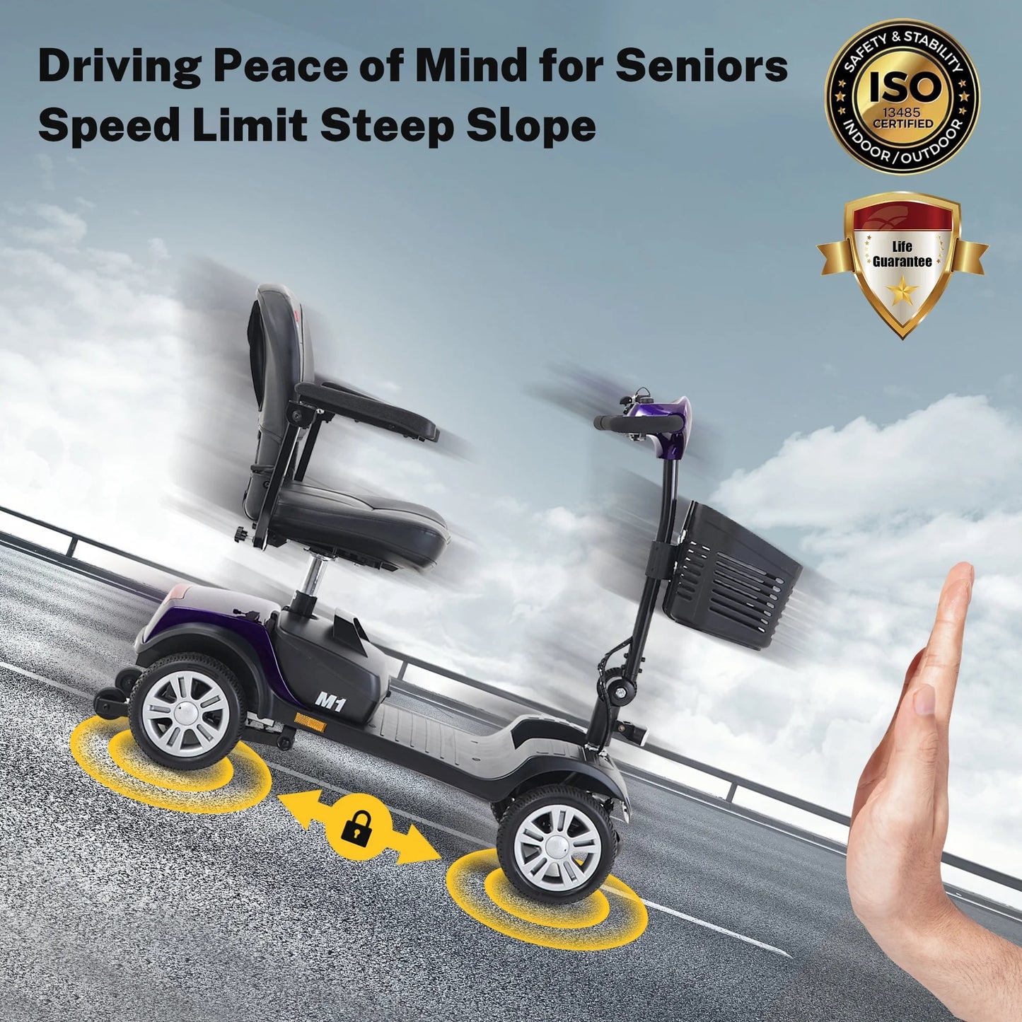 Segmart 4 Wheel Mobility Scooter for Seniors,electric wheelchairs for adults lightweight foldable, 15 Miles Range, 300lbs Capacity, W/LED Head Lights & Basket, Purple