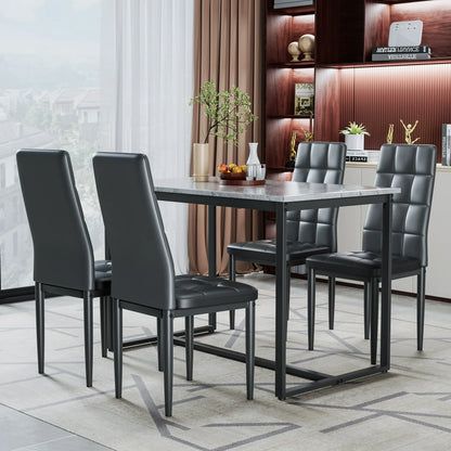 5 Piece Kitchen Dining Table and Chair Set, Dining Room Table Set with Faux Marble Tabletop PU Leather Padded Chairs, Rectangle Dining Table Set for 4, Dinette Set for Kitchen Dining Room Small Space