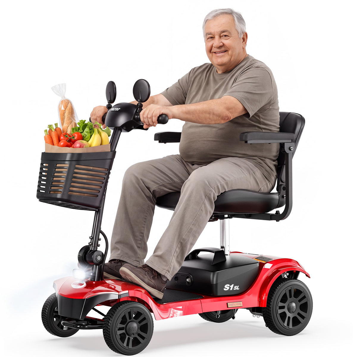 Mobility Scooter for Seniors, Segmart 4-Wheel Electric Mobility Scooter with 360° Swivel Seat, Anti-Tip Wheels, Detachable Battery, USB, LED Light, 300 lb Capacity, Red