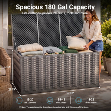 180 Gallon Resin Deck Box, Outdoor Storage Box for Patio Furniture Cushions, Garden Tools, Pool Supplies and Toys, Lockable Weather Resistant Storage Chest with UV Protection, Reinforced Construction, Built-in Wheels, Gray