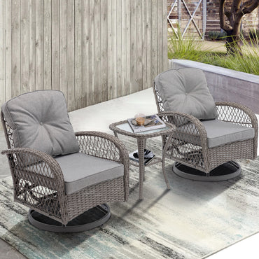 Balcony Furniture Set of 2, Outdoor Swivel Gliders Rocker Cushioned, 3 Pieces Patio Furniture Rattan Wicker Bistro Conversation Set for Porch Deck, Glass Top Side Table, Gray Cushions