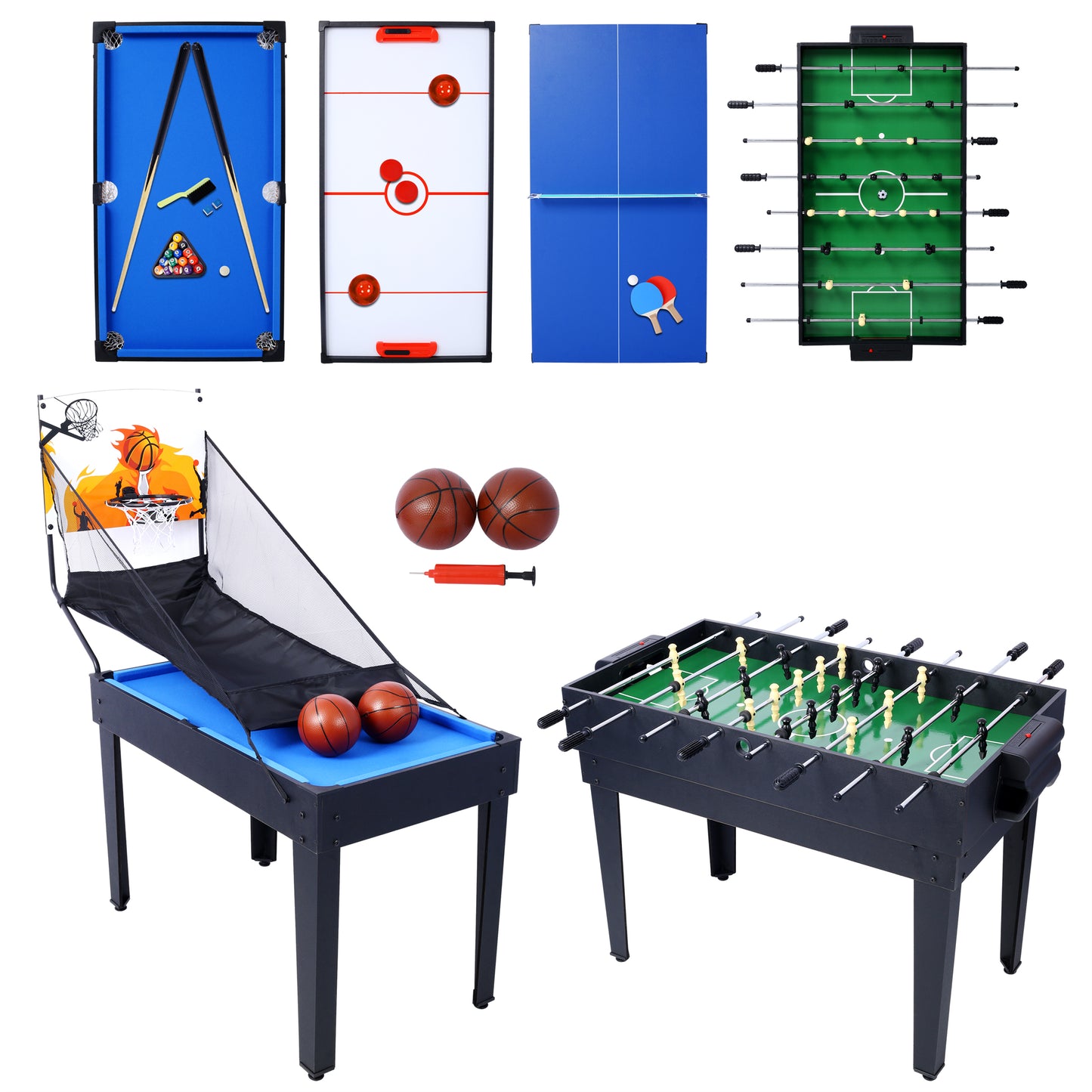 Multi Game Table for Family Game Room, 5-in-1 Combo Game Table Set for Kids and Adults, Combination Game Table Includes Foosball Table, Pool Billiards, Air Hockey, Table Tennis & Basketball Arcade