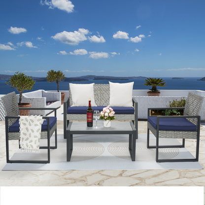 Segmart Rattan Patio Conversation Set, 4 Pieces Outdoor Sectional Sofa Set with Table, Gray Thick Cushioned Patio Furniture Set Loveseat Armchairs, Max Weight Over 350lbs