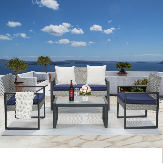 Segmart Rattan Patio Conversation Set, 4 Pieces Outdoor Sectional Sofa Set with Table, Brown Thick Cushioned Patio Furniture Set Loveseat Armchairs, Per Seat Max Weight 300LBS
