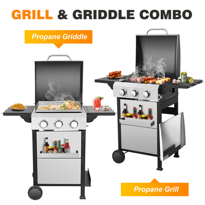3 Burner Propane Gas Grill and Griddle Combo, Propane BBQ Grill with Foldable Side Table, Hanging Basket, and Tool Hooks for Backyard Camping Cooking, 2 in 1, 36,900BTU Output