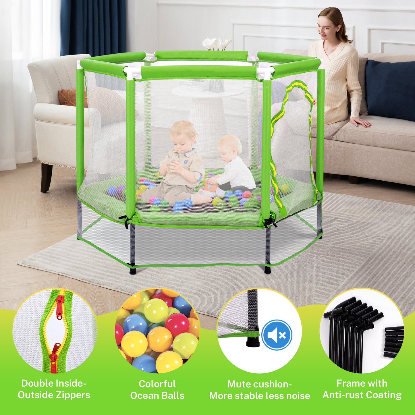 55'' Toddler Trampoline for Kids, SEGMART Kids Trampoline with Enclosure Net and Balls, Indoor Outdoor Mini Small Trampoline Birthday Gifts for Boy and Girls Age 3 Months and up, Green