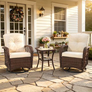 Patio Swivel Rocker Bistro Set, 3 Piece 360° Rocking Patio Conversation Set with Thickened Cushions, 2 Patio Swivel Rocking Chairs with 1 Glass Top Table, for Garden Yard Balcony Pool Cafe (Gray)