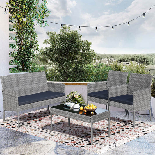 4 Pieces Rattan Patio Set, Outdoor Patio Conversation Sofa Set with 2''T Cushions, Gray PE Wicker Backyard Furniture Porch Table & Armchairs, Max 600LBS Large Capacity