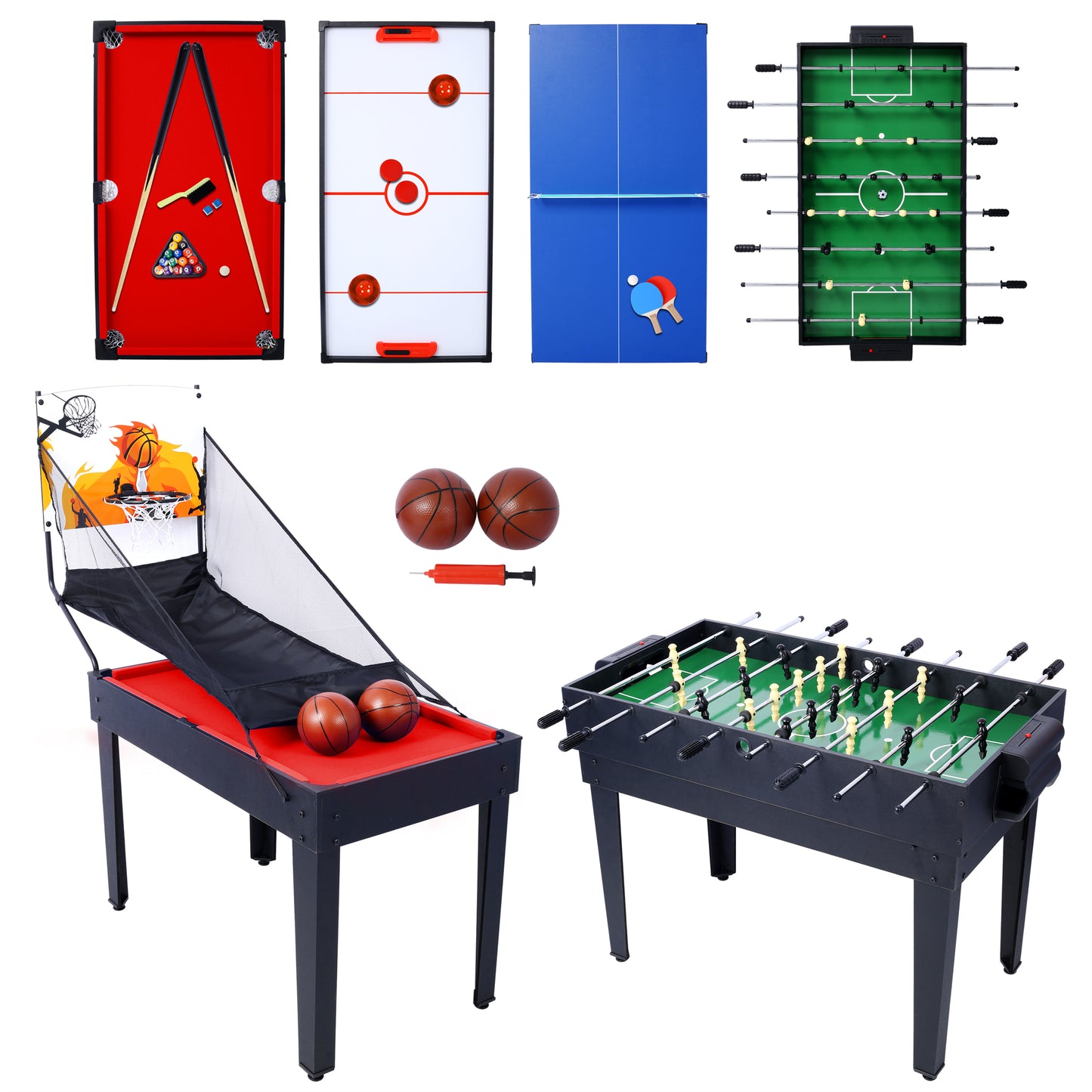 Multi Game Table for Family Game Room, 5-in-1 Combo Game Table Set for Kids and Adults, Combination Game Table Includes Foosball Table, Pool Billiards, Air Hockey, Table Tennis & Basketball Arcade