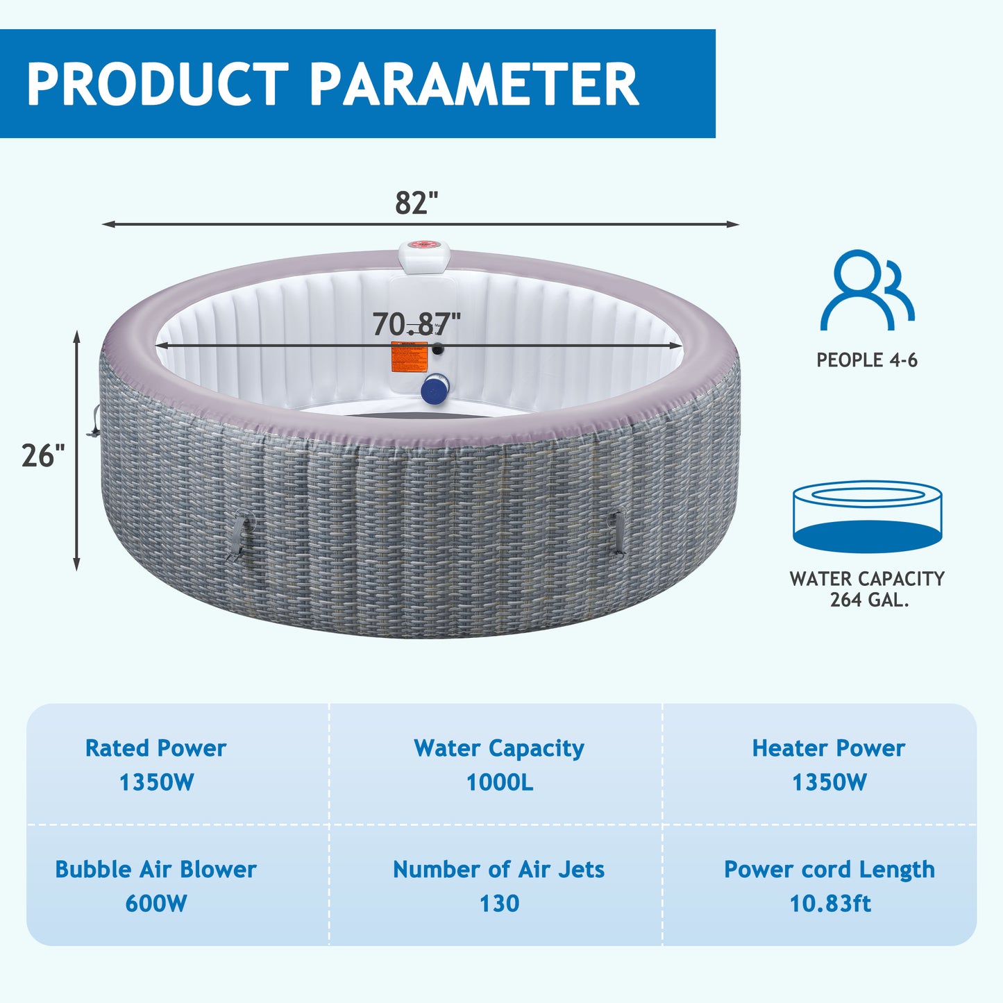 82 Inch Inflatable Hot Tub, 4 to 6 Person Outdoor Hot Tub Spa Built-in Heater Pump, Portable Hot Tub w/130 Jets, Tub Cover, Filter Cartridges, 1000L Capacity