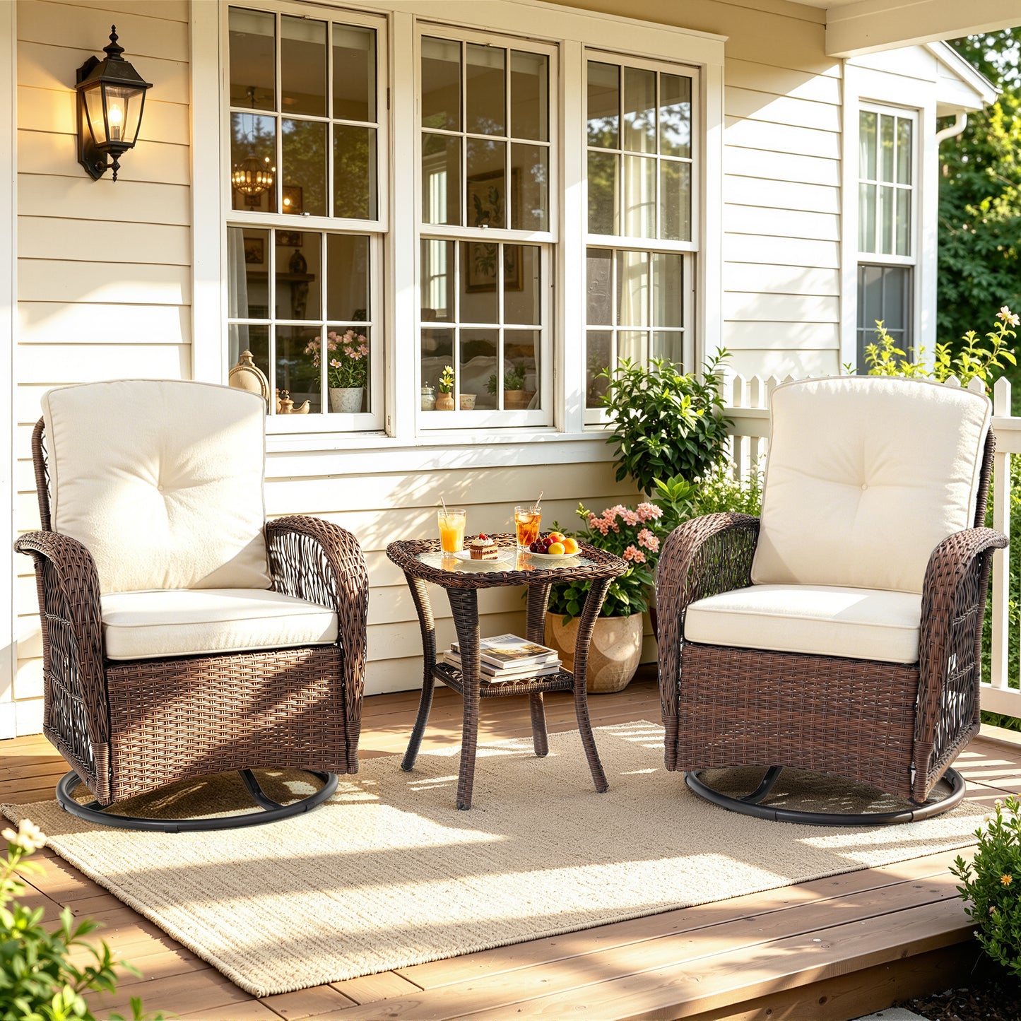 Patio Table and Chairs Set, Segmart 3pcs Rattan Patio Conversation Set with Swivel Rocking Chairs, Coffee Table, Porch Deck Balcony Furniture for Outdoor, with Beige Cushions