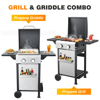 2 Burner Propane Gas Grill and Griddle Combo, Propane BBQ Grill with Foldable Side Table, Hanging Basket, and Tool Hooks for Backyard Camping Cooking, 2 in 1, 24,600BTU Output