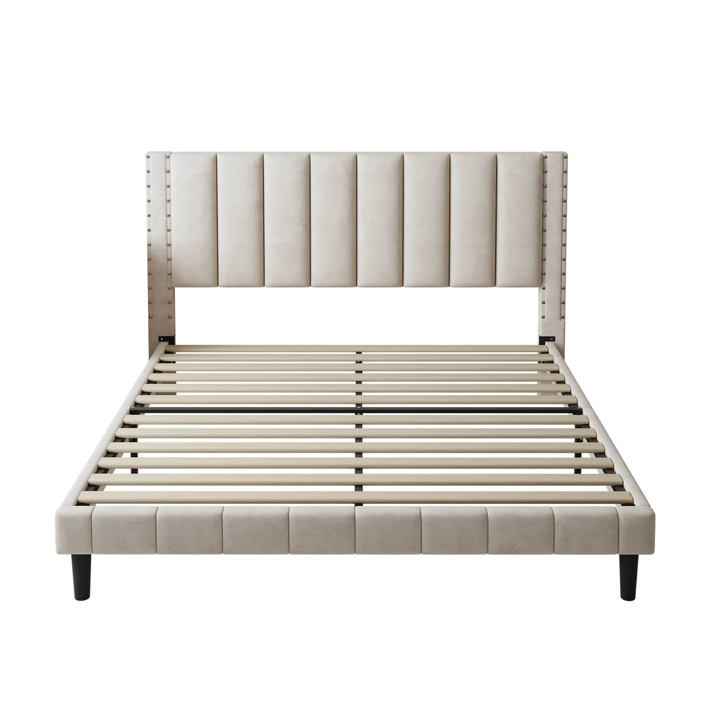 Segmart Queen Size Velvet Upholstered Bed Frame with Adjustable Rivets Headboard, Platform Bed with Wooden Slats Support, Fully Upholstered Mattress Foundation, No Box Spring Needed, Beige