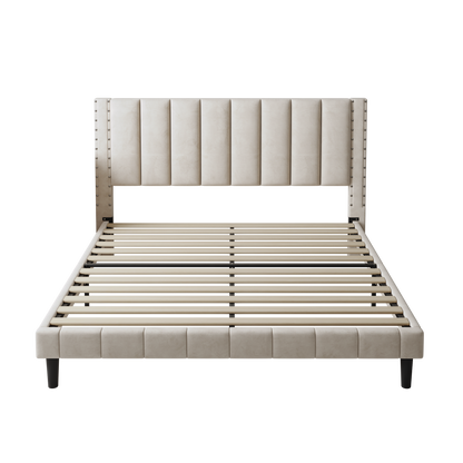 Segmart Queen Size Velvet Upholstered Bed Frame with Adjustable Rivets Headboard, Platform Bed with Wooden Slats Support, Fully Upholstered Mattress Foundation, No Box Spring Needed, Beige