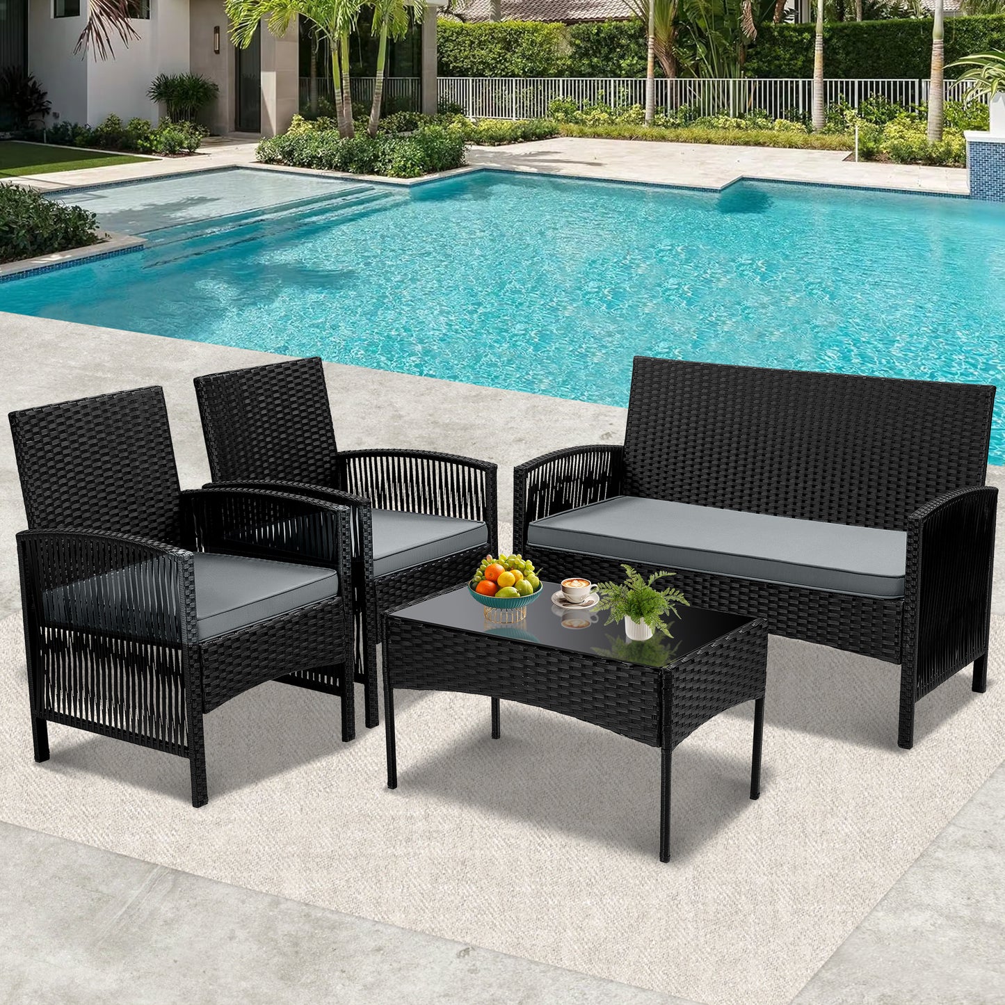 Clearance Patio Furniture Set, Segmart 4 Pieces Rattan Sofa Set Cushioned Sofa & Charis, Deck Porch Poolside Furniture Conversation Set for 4, Gray