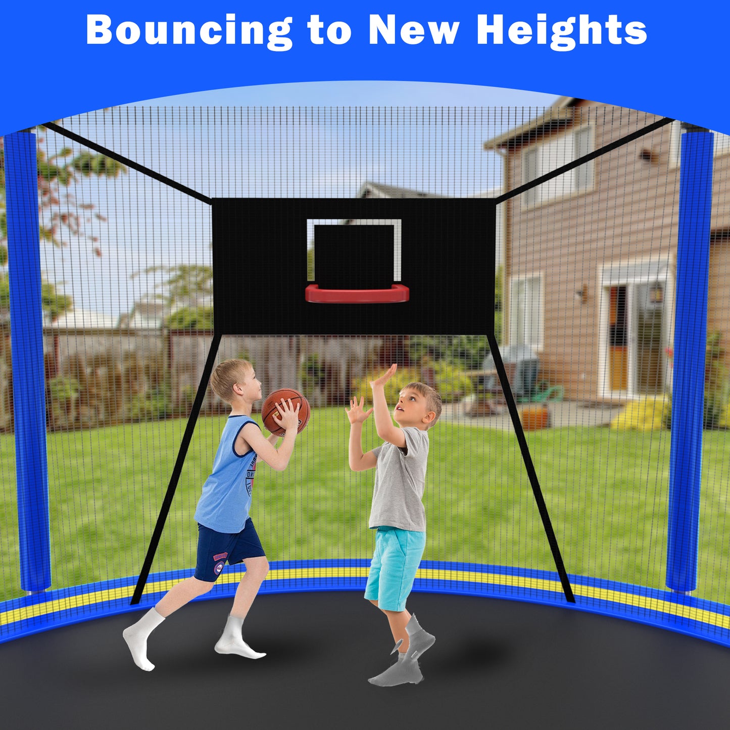 rampoline with Enclosure, Upgraded 14 Feet Kids Outdoor Trampoline with Basketball Hoop and Ladder, Heavy Duty Round Trampoline for Indoor Outdoor Backyard, LLL4568