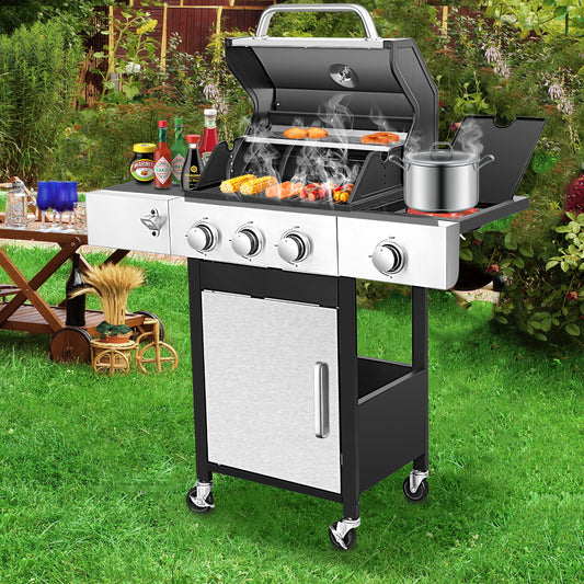 3-Burner Propane Gas Grill with Side Burner, Gas BBQ Grill with Thermometer, Bottle Opener, and Tool Hooks, 37230 BTU Output, Fit for Patio Camping Outdoor Cooking