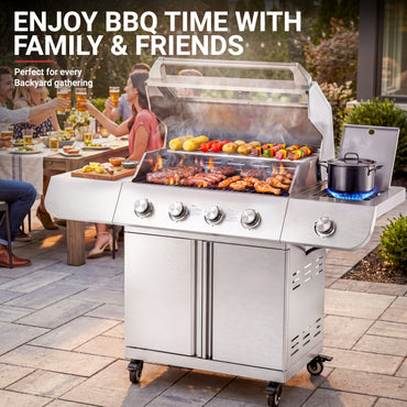 4-Burner Gas Grill and Griddle Combo with Side Burner, 50,000 BTU Propane BBQ Grill with Porcelain-Enameled Cast Iron Grates, Built-in Thermometer, Ideal for Patio Camping Outdoor Cooking