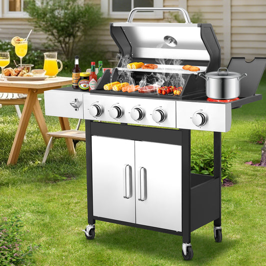 4-Burner Propane Gas Grill with Side Burner, Gas BBQ Grill with Thermometer, Bottle Opener, and Tool Hooks, 46,790 BTU Output, Combining a Grilling Grate With a Griddle Tray