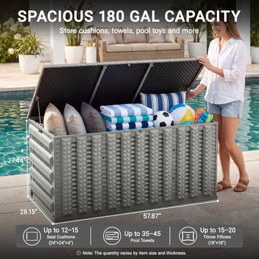 180 Gallon Resin Deck Box, Outdoor Lockable Storage Container for Patio Cushions, Garden Tools, Pool Supplies, Toys, Water Resistant and UV Resistant, Reinforced Rib Design, Built-in Wheels, Gray