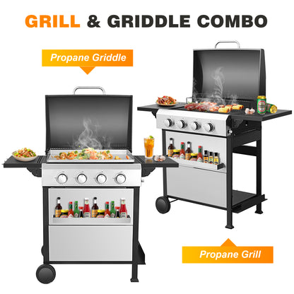 2 in 1 Propane Gas Grill and Griddle Combo, 4 Burner Griddle Grill Combo with Folding Side Tables & Hanging Basket, 49,200BTU Stainless Steel Propane Grill for Outdoor Cooking