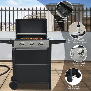 Segmart 3 Burner BBQ Propane Gas Grill, Stainless Steel 25,650 BTU Patio Garden Barbecue Grill with Folding Side Tables, Hanging Basket & Thermometer, Perfect for Camping, Outdoor Cooking