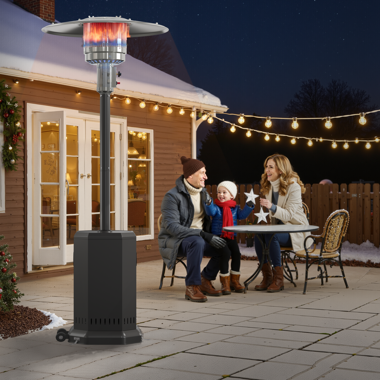 50,000 BTU Propane Patio Heater, Outdoor Heater with Table Design, Double-Layer Stainless Steel Burner, and Wheels, Portable Heater for Home and Commercial