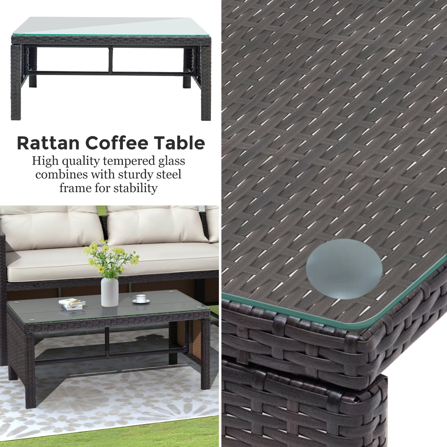 3 Pieces Patio Furniture Sectional Set, Outdoor Furniture Set with Two-Seater Sofa, Lounge Sofa, Table & Cushion, PE Rattan Wicker Bistro Set, Conversation Set for Garden, Backyard