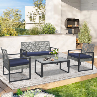 Segmart Rattan Patio Conversation Set, 4 Pieces Outdoor Sectional Sofa Set with Table, Gray Thick Cushioned Patio Furniture Set Loveseat Armchairs, Max Weight Over 350lbs