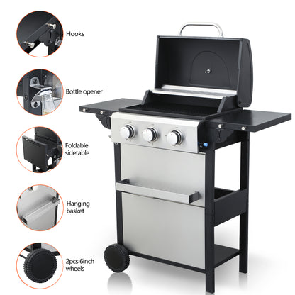 Segmart 3 Burner BBQ Propane Gas Grill, Stainless Steel 25,650 BTU Patio Garden Barbecue Grill with Folding Side Tables, Hanging Basket & Thermometer, Perfect for Camping, Outdoor Cooking