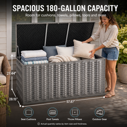 180 Gallon Resin Deck Box, Outdoor Lockable Storage Container for Patio Cushions, Garden Tools, Pool Supplies, Toys, Water Resistant and UV Resistant, Reinforced Rib Design, Built-in Wheels, Gray