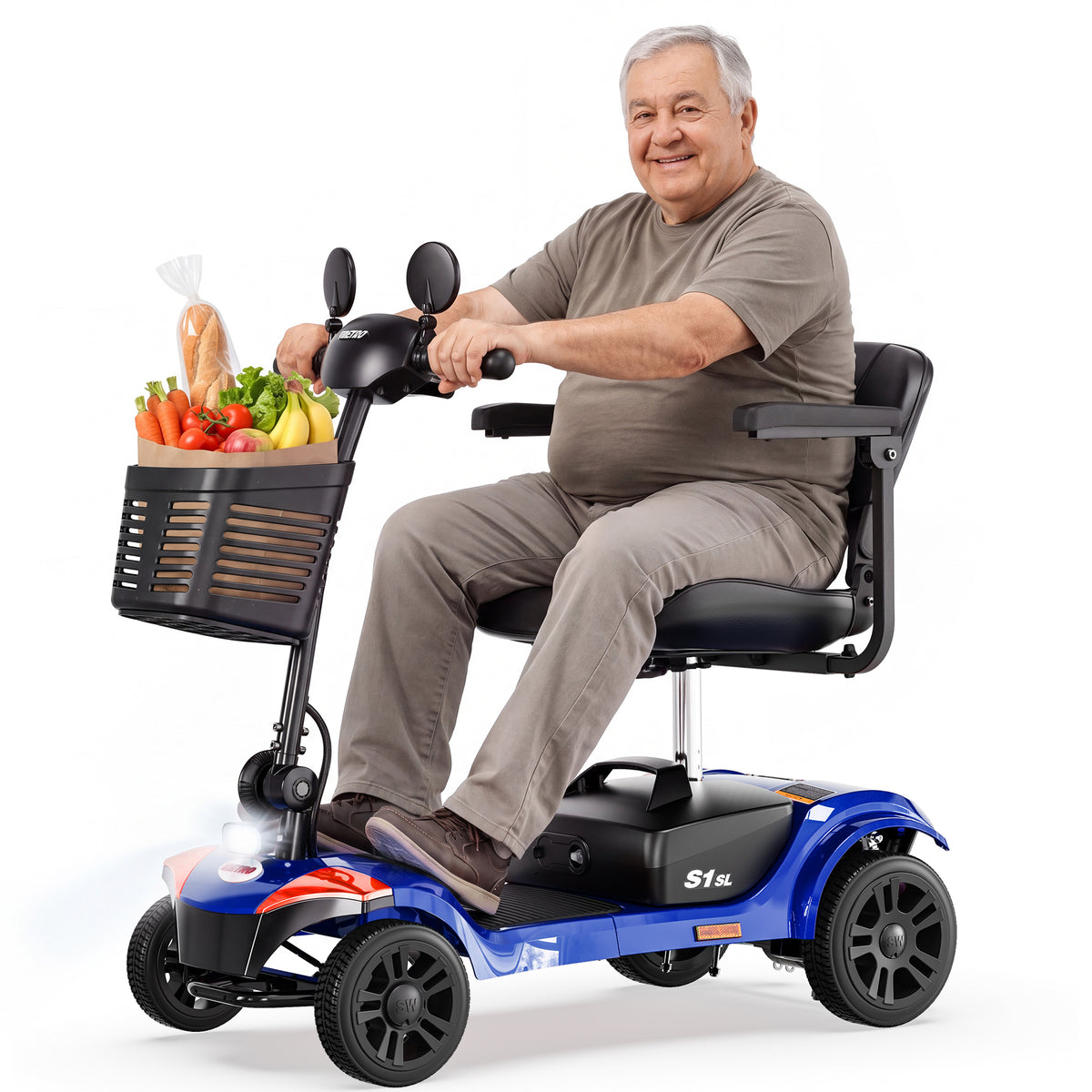 Mobility Scooter for Seniors, Segmart 4-Wheel Electric Scooter with Shock Absorption & Large Comfort Seat, 300W Foldable Senior Scooter with USB, LED Light, 300 lb Capacity, Blue