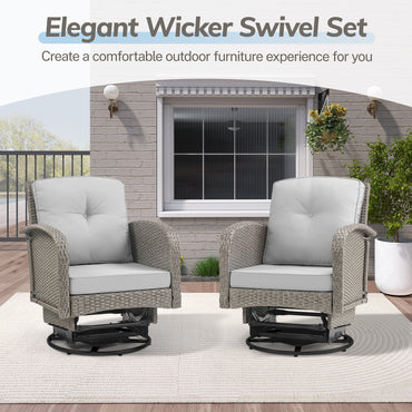 Outdoor Patio Furniture Chairs Set, 3PCS Rattan Wicker Rocking Swivel Chair and Table for 2, Cushioned Porch Bistro Set for Deck Balcony Garden