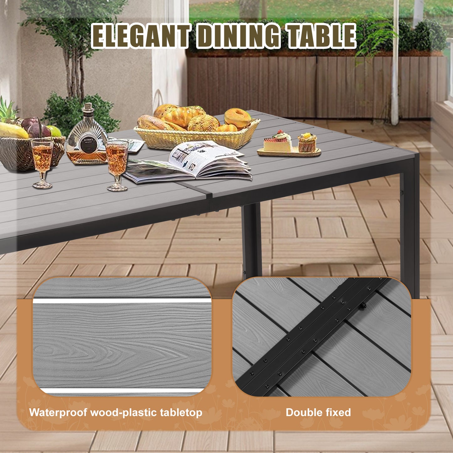 Patio Dining Set, 7PCS Outdoor Plastic-Wood Table & Textilene Chairs Set, Outdoor Furniture Dining Table Set, Garden Porch Backyard Poolside Sectional Conversation Set