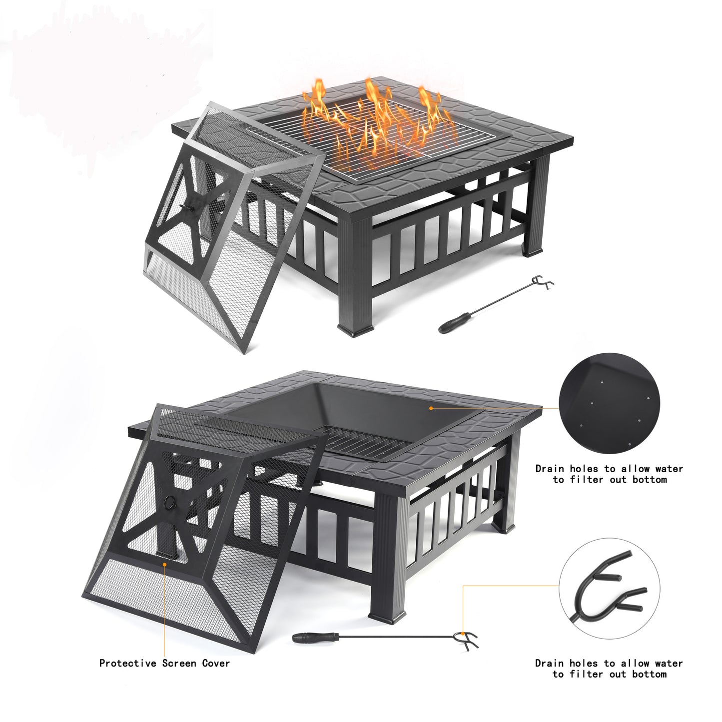 SEGMART Outdoor Fire Pit, 32" Square Metal Fire Pit Table with Spark Screen & Log Poker, Stove Wood Burning Fire Pit Bowl, Ideal for Yard Patio Beach Picnic Bonfire