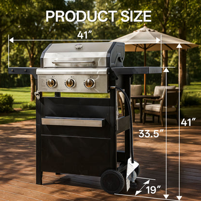 Segmart 3 Burner BBQ Propane Gas Grill, Stainless Steel 25,650 BTU Patio Garden Barbecue Grill with Folding Side Tables, Hanging Basket & Thermometer, Perfect for Camping, Outdoor Cooking