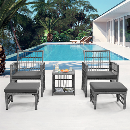Outdoor Conversation Set of 5, Outdoor Patio Chair and Footstool Set with Cushions & 2-Tier Tea Table, All Weather Wicker Patio Furniture Set, Ideal for Patio Poolside Yard Deck Coffee Bar
