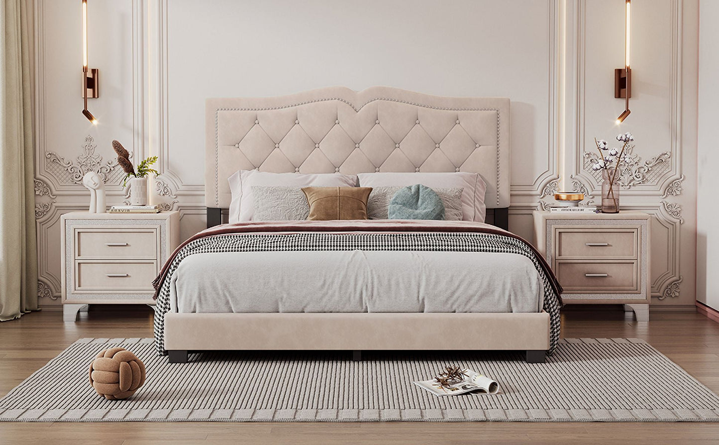Segmart Queen Size Upholstered Bed Frame with Tufted Velvet Headboard, Rivet Trim, Sturdy Wooden Slats, No Box Spring Needed, Modern Platform Bed, Beige